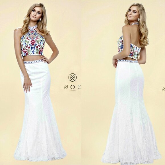 NWT Nox Anabel - 8262 Two Piece Embroidered Mermaid Formal Prom Dress,L,XL,White - Picture 1 of 7